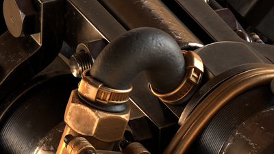 Textured close-up render of the rubber hose and cable ties